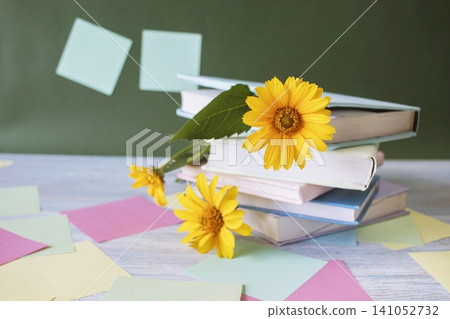 Stack of books with yellow flower bookmarks, stickers on the table, on the background of the blackboard. Back to school concept. Stack of books with yellow flower bookmarks, stickers on the table, on the background of the blackboard. Back to school concept. 141052732