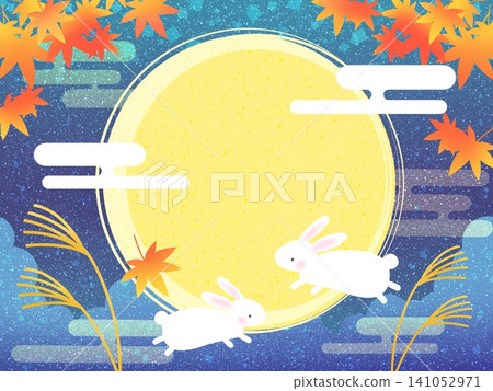 賞月背景插畫素材 / 兔子、滿月、秋葉、蒲葦、秋景 141052971