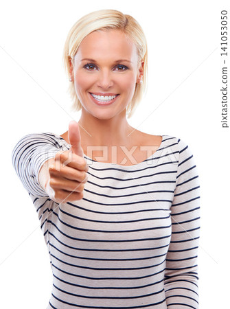 Woman, portrait and thumbs up in studio for approval yes or vote review for agreement, winner or feedback. Female person, face or hand gesture on white background or sign mockup, thank you or support Woman, portrait and thumbs up in studio for approval yes or vote review for agreement, winner or feedback. Female person, face or hand gesture on white background or sign mockup, thank you or support 141053050