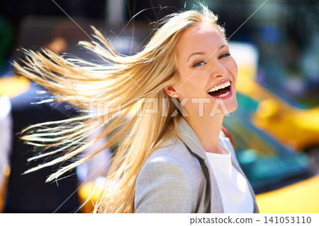 Businesswoman, portrait and city career on road as corporate professional, office building or transportation. Female person, face and urban morning for street commute in New York, downtown or traffic 141053110