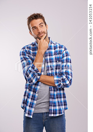 Man, thinking and future vision in studio or inspiration thoughts or brainstorming solution, problem solving or white background. Male person, hand and planning question or decision, wonder or mockup 141053154