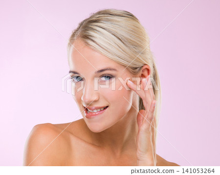Woman, portrait and skincare dermatology in studio for healthy treatment, pink background or confidence. Female person, face and hand for makeup cosmetics or beauty wellness, hygiene or mockup space Woman, portrait and skincare dermatology in studio for healthy treatment, pink background or confidence. Female person, face and hand for makeup cosmetics or beauty wellness, hygiene or mockup space 141053264