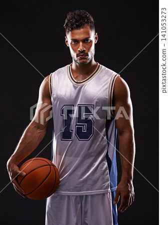 Man, portrait and basketball player in studio for training, competition and fitness on black background. Professional athlete, career and exercise with ball for game, hobby and healthy model in sport 141053273