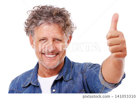 Senior man, portrait and thumbs up, feedback or opinion with hand gesture for agreement on white background. Yes, success and vote with smile, motivation and thank you for positive review in studio 141053310