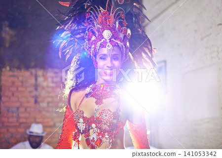 Woman, samba and performance with portrait, smile and makeup for concert or party. Brazilian dancer, celebration and feather for culture, talent and creative artist for rio de janeiro carnival event Woman, samba and performance with portrait, smile and makeup for concert or party. Brazilian dancer, celebration and feather for culture, talent and creative artist for rio de janeiro carnival event 141053342