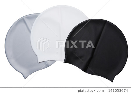 Three silicone swimming caps in black, white, and silver gray colors isolated on white background, monochrome set of waterproof swim hats Three silicone swimming caps in black, white, and silver gray colors isolated on white background, monochrome set of waterproof swim hats 141053674