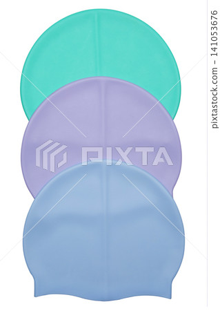 Three pastel silicone swimming caps stacked vertically isolated on white background, vertical row of blank waterproof swim hats Three pastel silicone swimming caps stacked vertically isolated on white background, vertical row of blank waterproof swim hats 141053676