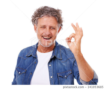 Senior man, portrait and OK hand gesture, feedback or opinion with success, like emoji and agreement on white background. Yes, vote and review with smile, choice or decision for motivation in studio Senior man, portrait and OK hand gesture, feedback or opinion with success, like emoji and agreement on white background. Yes, vote and review with smile, choice or decision for motivation in studio 141053685