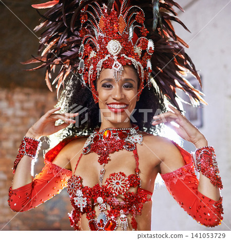 Smile, costume and carnival for Brazilian female dancer, celebration and traditional festival. Dance, portrait or samba for performance in Rio De Janeiro, culture or party for concert for Mardi Gras 141053729