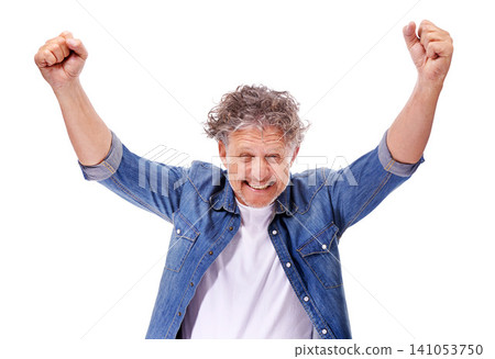 Senior man, portrait and excited for winning with arms raised, cheers and happiness on white background. Fist pump, success and celebration in studio, achievement or opportunity with bonus and reward Senior man, portrait and excited for winning with arms raised, cheers and happiness on white background. Fist pump, success and celebration in studio, achievement or opportunity with bonus and reward 141053750