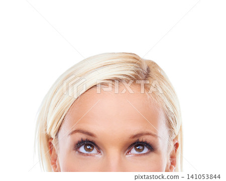 Idea, half face and woman in studio for brainstorming isolated on a white background mockup space. Head, thinking and closeup of person with question, decision and dream of planning future vision Idea, half face and woman in studio for brainstorming isolated on a white background mockup space. Head, thinking and closeup of person with question, decision and dream of planning future vision 141053844