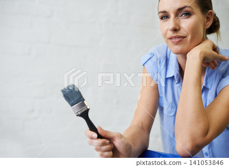 Woman, portrait and brush for painting in home, remodeling and maintenance in apartment. Female person, tenant and equipment for interior upgrade, do it yourself and tool for house repairs or project Woman, portrait and brush for painting in home, remodeling and maintenance in apartment. Female person, tenant and equipment for interior upgrade, do it yourself and tool for house repairs or project 141053846
