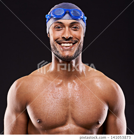 Studio, swimmer and man smile for portrait, sport and workout for training and exercise for body. Athlete, adult and male person withs strength, professional and champion in black background Studio, swimmer and man smile for portrait, sport and workout for training and exercise for body. Athlete, adult and male person withs strength, professional and champion in black background 141053873