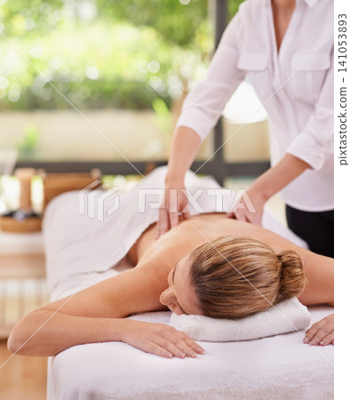 Woman, hands and spa with massage therapist for luxury peace or stress relief at zen resort, calm or vacation. Female person, eyes closed and comfortable for healthy skincare, treatment or wellness Woman, hands and spa with massage therapist for luxury peace or stress relief at zen resort, calm or vacation. Female person, eyes closed and comfortable for healthy skincare, treatment or wellness 141053893
