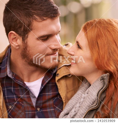 Outdoor, date and couple with love on holiday adventure or relax together on vacation in woods. Happy, man and woman in park with smile for romantic connection in marriage and enjoy nature in spring Outdoor, date and couple with love on holiday adventure or relax together on vacation in woods. Happy, man and woman in park with smile for romantic connection in marriage and enjoy nature in spring 141053909