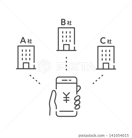 向量圖(線條藝術,單色),用於說明如何使用智慧型手機取得多個報價和估價。 向量圖(線條藝術,單色),用於說明如何使用智慧型手機取得多個報價和估價。 141054015