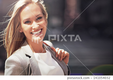 Businesswoman, portrait and smile on city street for travel commute as professional entrepreneur, downtown or pedestrian. Female person, face and office building on corporate trip, morning or journey 141054032