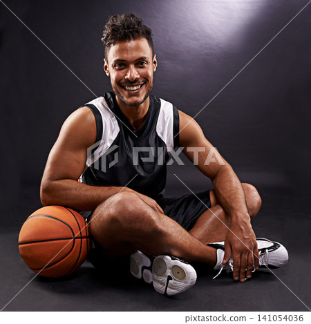 Man, portrait and basketball player with smile for sports performance, competition or black background. Male person, face and healthy wellness with pride for training workout, studio or mockup space Man, portrait and basketball player with smile for sports performance, competition or black background. Male person, face and healthy wellness with pride for training workout, studio or mockup space 141054036