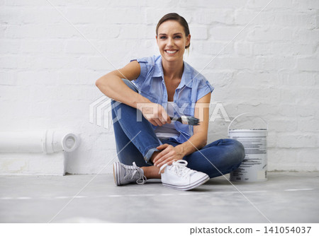 Woman, portrait and smile for painting renovation in home, remodeling and maintenance in apartment. Female person, floor and equipment for project upgrade, do it yourself and tool for house repairs Woman, portrait and smile for painting renovation in home, remodeling and maintenance in apartment. Female person, floor and equipment for project upgrade, do it yourself and tool for house repairs 141054037