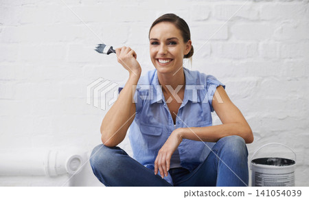 Woman, portrait and happy for painting in home, remodeling and maintenance in apartment. Female person, floor and equipment for interior upgrade, do it yourself and tool for house repairs or project Woman, portrait and happy for painting in home, remodeling and maintenance in apartment. Female person, floor and equipment for interior upgrade, do it yourself and tool for house repairs or project 141054039