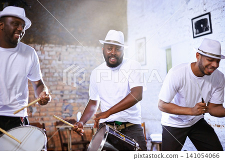 Band, carnival and entertainment or performance, show and musician in group. Concert, music or fun celebration for musical artist, smile and drum for male Brazilian talent or acoustic with lens flare Band, carnival and entertainment or performance, show and musician in group. Concert, music or fun celebration for musical artist, smile and drum for male Brazilian talent or acoustic with lens flare 141054066