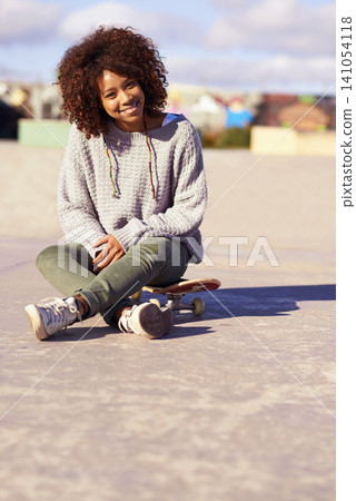 Portrait, smile and woman at skate park in city in summer for sport, hobby or relax outdoor. Happy person, skateboard and gen z girl in casual clothes for fashion on mockup space in South Africa Portrait, smile and woman at skate park in city in summer for sport, hobby or relax outdoor. Happy person, skateboard and gen z girl in casual clothes for fashion on mockup space in South Africa 141054118