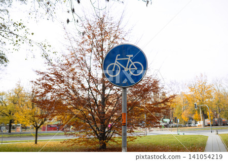 peaceful bicycle sign in urban park setting with autumn leaves and traffic lights, ground level view facing slightly upward, clean and modern design, for urban design and web. peaceful bicycle sign in urban park setting with autumn leaves and traffic lights, ground level view facing slightly upward, clean and modern design, for urban design and web. 141054219