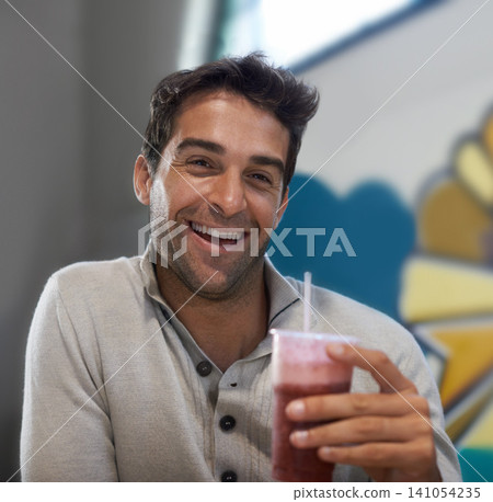 Portrait, drink and smoothie for man with smile for healthy diet of strawberry, fruit and show of beverage. Male person, guy and adult relax with blended cocktail for energy, wellness and nutrition Portrait, drink and smoothie for man with smile for healthy diet of strawberry, fruit and show of beverage. Male person, guy and adult relax with blended cocktail for energy, wellness and nutrition 141054235