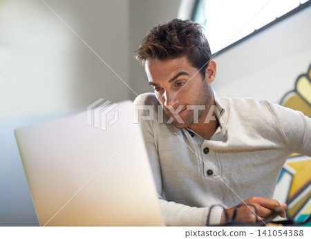 Man, laptop or vision of business, planning or solution to tech glitch, research or questions. Businessman, computer or thinking of startup, idea or professional communication in entrepreneurship 141054388
