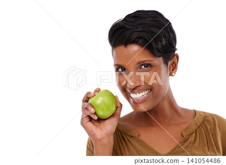 Woman, portrait and happiness in studio with apple for nutrition, healthy diet and wellness on white background. Nutritionist, indian person and fruit for vitamin c, fiber and lose weight with mockup 141054486