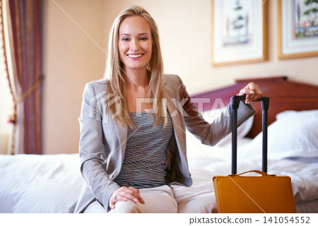Suitcase, hotel and portrait of business woman for work trip, global conference and employee. Accommodation, professional worker and happy person with luggage in bedroom for career, working and job Suitcase, hotel and portrait of business woman for work trip, global conference and employee. Accommodation, professional worker and happy person with luggage in bedroom for career, working and job 141054552