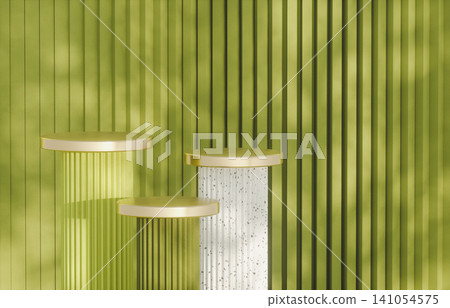 3D product podium with triple fluted cylinders and gold tops against ribbed wall. 3D product podium with triple fluted cylinders and gold tops against ribbed wall. 141054575