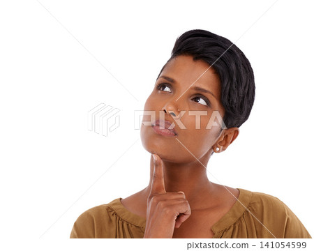 Indian woman, thinking and ideas with fashion in studio for vision, choice or memory by white background. Girl, person or model with decision, remember or problem solving with clothes by mockup space Indian woman, thinking and ideas with fashion in studio for vision, choice or memory by white background. Girl, person or model with decision, remember or problem solving with clothes by mockup space 141054599