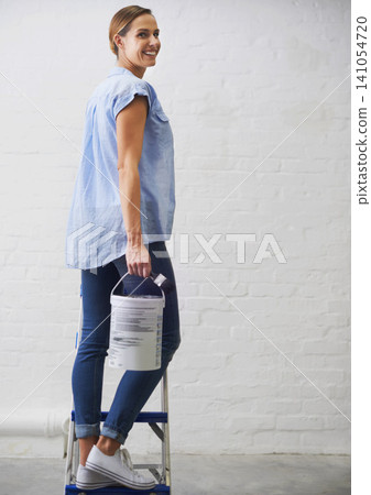 Woman, portrait and paintbrush for renovation in home, remodeling and maintenance in apartment. Female person, ladder and equipment for interior upgrade, diy and tool for house repairs or project Woman, portrait and paintbrush for renovation in home, remodeling and maintenance in apartment. Female person, ladder and equipment for interior upgrade, diy and tool for house repairs or project 141054720
