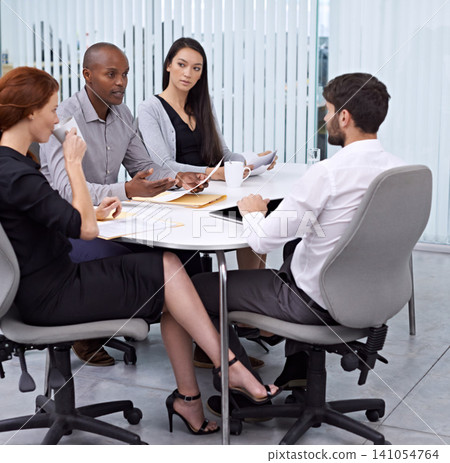 People, paper or feedback on business, sales or work performance by human resources management team. Businessman, worker or document as corporate, review or professional communication in office People, paper or feedback on business, sales or work performance by human resources management team. Businessman, worker or document as corporate, review or professional communication in office 141054764