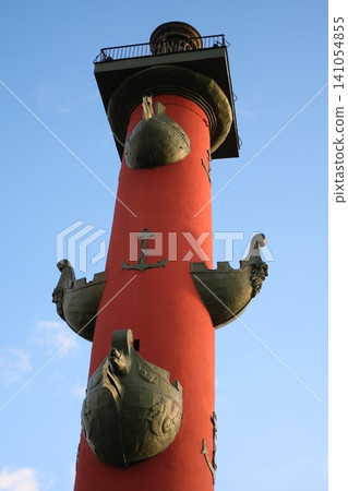 Rostral column on Old Stock Exchange square of Vasilyevsky Island spit, St. Petersburg. Rostral columns constructed 1805-1810 years by Jean-Francois Thomas de Thomon. Symbol of naval victories Rostral column on Old Stock Exchange square of Vasilyevsky Island spit, St. Petersburg. Rostral columns constructed 1805-1810 years by Jean-Francois Thomas de Thomon. Symbol of naval victories 141054855
