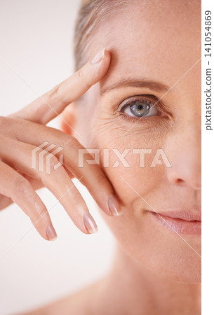 Woman, half and studio with skincare, portrait and cosmetics for facial treatment, confidence or wellness. Female model, lady and mature person with beauty glow for anti ageing on white background Woman, half and studio with skincare, portrait and cosmetics for facial treatment, confidence or wellness. Female model, lady and mature person with beauty glow for anti ageing on white background 141054869