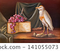 Still life with cattle egret, cheese and grapes. 141055073