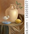Still life with bird, vase and lemon 141055077