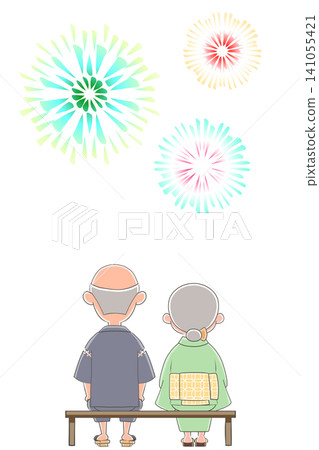 An illustration of an elderly couple looking up at fireworks. An illustration of an elderly couple looking up at fireworks. 141055421