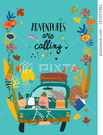 Cartoon Frame with Happy Friends Animals traveling by Car. Adventures are calling Cartoon Frame with Happy Friends Animals traveling by Car. Adventures are calling 141055462