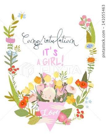 Cute Floral Frame Composed with Cartoon Mother holding Bouquet of Spring Flowers with Cute Baby. It s A Girl Cute Floral Frame Composed with Cartoon Mother holding Bouquet of Spring Flowers with Cute Baby. It s A Girl 141055463