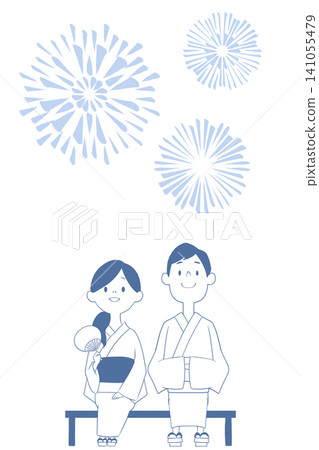 An illustration of a young man and woman at a summer festival, looking up at fireworks. An illustration of a young man and woman at a summer festival, looking up at fireworks. 141055479