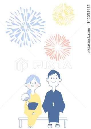 An illustration of a young man and woman at a summer festival, looking up at fireworks. An illustration of a young man and woman at a summer festival, looking up at fireworks. 141055485