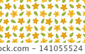 Seamless pattern with carambola pieces of different sizes. Repeat pattern of yellow starfruit pieces. Seamless background with pieces of carambola and green leaves 141055524