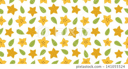 Seamless pattern with carambola pieces of different sizes. Repeat pattern of yellow starfruit pieces. Seamless background with pieces of carambola and green leaves Seamless pattern with carambola pieces of different sizes. Repeat pattern of yellow starfruit pieces. Seamless background with pieces of carambola and green leaves 141055524