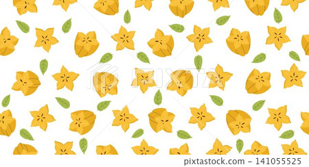 Seamless pattern with pieces and halves of starfruit. Repeat pattern of yellow carambola pieces. Seamless background of carambola slices and green leaves Seamless pattern with pieces and halves of starfruit. Repeat pattern of yellow carambola pieces. Seamless background of carambola slices and green leaves 141055525