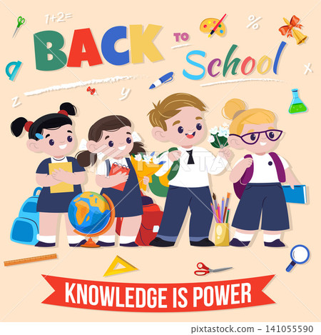 Joyful illustration featuring a group of happy students standing with school supplies, including a ruler, protractor, square, bell, scissors, globe, magnifier, pen, flask, backpack, brush, pencils, pa Joyful illustration featuring a group of happy students standing with school supplies, including a ruler, protractor, square, bell, scissors, globe, magnifier, pen, flask, backpack, brush, pencils, pa 141055590