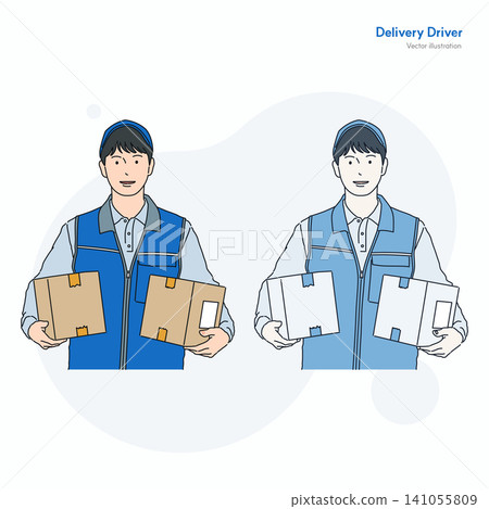 Friendly delivery driver holding cardboard boxes vector illustration Friendly delivery driver holding cardboard boxes vector illustration 141055809