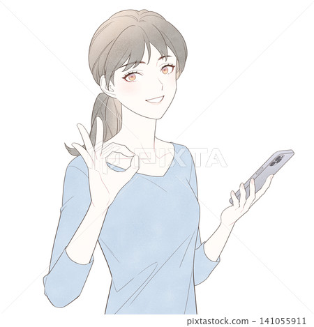 一幅插圖,描繪了一位女性手持智慧型手機,做出「OK」手勢。 一幅插圖,描繪了一位女性手持智慧型手機,做出「OK」手勢。 141055911